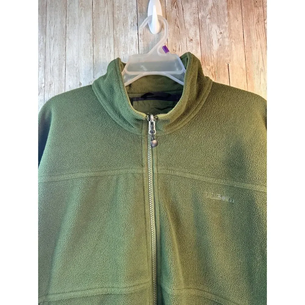 LL Bean Fleece Jacket Mens 2XL Olive Green Elastic Waist Cuffed Sleeves Full Zip